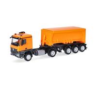 herpa Modelo de camión Mercedes-Benz Arocs Classicspace tráiler con contenedor de residuos, Naranja Municipal/Antracita, Miniatura a Escala 1:87, Pieza de colección, Fabricado en Alemania, plástico