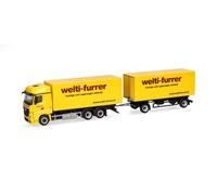 Herpa Modelo reducido camión Mercedes-Benz Actros BigSpace Tren de Cajas móviles Welti-Furrer, Miniatura a Escala 1:87, Pieza de colección, Made in Germany, plástico