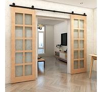 Herrajes Puertas Correderas Doble 396cm Rieles Kit Puerta Corredera Negro para 2 Puerta Corredera Madera 99cm Ancho, Pequeña Rueda T-forma