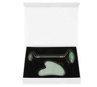 Herramienta de masaje de desguace de piedra natural Gua Sha Tablero de Gua Sha de cuarzo verde con rodillo de jade de doble cabeza para masaje facial relajante en el cuello y spa