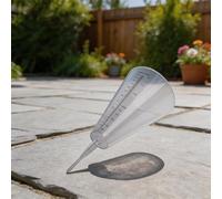 Herramienta de medición de agua al aire libre con diseño de cono y escala de doble unidad para cuantificación de lluvia y riego