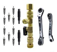 Herramienta instaladora de extracción de núcleo de válvula HVAC, juego de 15 piezas con adaptador de broca hexagonal y llave curvada, construcción de acero de aleación, puertos SAE de doble tamaño