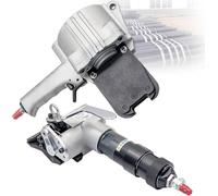 Herramienta neumática de flejado de metal para bandas de acero, combina funciones de tensión y sellado, ideal para embalaje industrial