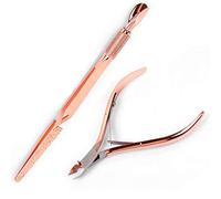 Herramientas de arte de uñas de acero inoxidable de oro rosa para pellizcar cutículas empujador y cortador de cutículas, cortador de uñas falsas multifunción, pinzas de manicura