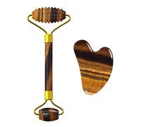Herramientas Para El Cuidado De La Cara De Piedra Natural Ojos De Tigre Rodillo De Masaje Gouache Mascarilla Para Ojos Para Masajeador Facial De Cuerpo Completo,Juego 2en1-Ci-VL