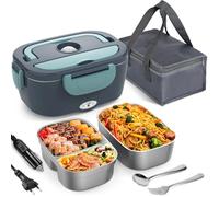 Herrfilk Fiambrera eléctrica 80 W, con bolsa, tenedor y cuchara inoxidable, 2 cajas 1,5 l, 3 en 1, 12-24-110-230 V, a prueba de fugas