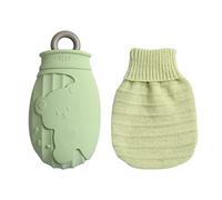 Hershii Botella pequeña de agua caliente con cubierta de punto y asa de silicona para agua caliente de 320 ml para aliviar el dolor, para niñas y mujeres, terapia menstrual, calor y frío, dormir y calentador de pies (verde, patrón de oso)