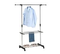 HERSIG - Burro de Ropa de Metal Extensible Vertical 2 Alturas y Ruedas | Perchero de Pie con Zapatero, Tendedero con Altura Ajustable de Fácil Montaje Ideal para Recibidor o Armario 80x43x160 cm
