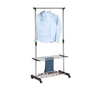 HERSIG - Burro de Ropa de Metal Extensible Vertical 2 Alturas y Ruedas | Perchero de Pie con Zapatero, Tendedero con Altura Ajustable de Fácil Montaje Ideal para Recibidor o Armario 80x43x160 cm