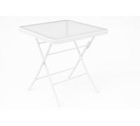 HERSIG - Mesa de Jardin Cuadrada Plegable de Acero y Vidrio Templado - Mesa Exterior Blanco 60x60x70 CM - Mesas de Terraza y Jardín Cuadradas - Mesas para Verano Exterior con Cristal Texturizado