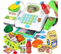 HERSITY Caja Registradora Juguetes con Escáner, Supermercado Juego Niños | Máquina Registradora Infantil con Escáner Micrófono, Comida Juguetes, Juego de Roles Regalo para Niña Niño 3 4 5 Años