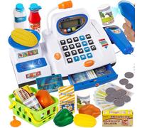 HERSITY Caja Registradora Juguetes para Niños con Electrónica Calculadora, Micrófono, Escáner, Balanza, Canasta, Juegue Comida, Dinero, Grande Juguetes de Supermercado Regalo para Niñas Niños 3+ Años