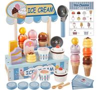 HERSITY Heladeria Juguete Madera Carrito de Helados, Accesorios de Cocina para Niños con Dinero de Menú, Juego Alimentos Juego de Roles para Niñas Niños 3 4 5 Años, Azul