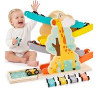 HERSITY Rampa Coches Juguetes Madera con 4 Mini Coches, Pista de Auto Niño | Rampa Juguete en Zigzag con Patrón de Animales, Educativos Regalo para 3 4 5 Años