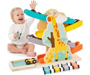 HERSITY Rampa Coches Juguetes Madera con 4 Mini Coches, Pista de Auto Niño | Rampa Juguete en Zigzag con Patrón de Animales, Educativos Regalo para 3 4 5 Años