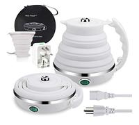 Hervidor de viaje mejorado, silicona de grado alimenticio, doble voltaje | Hervidor de té plegable de viaje, ultrafino, portátil, con taza, adaptador universal y cable de alimentación desmontable