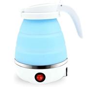 hervidor eléctrico, Botella de viaje silicona grado alimenticio 600 ml, doble voltaje, evita quemaduras en seco, apagado automático y cable alimentación separable, color azul