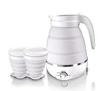 Hervidor Eléctrico Plegable, 600ML Hervidor de Agua Plegable de Silicona Hervidor de Camping Plegable con 2 Tazas Plegables Mini Hervidor de Agua Eléctrico para Viajes, Cámping (Blanco)