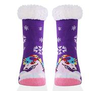 HERYEBING Calcetines Antideslizantes para Niños, Pantuflas de Casa para Invierno Navidad, Gruesos de Piso Con Forro Polar y Suela de Goma, Licorne Violette 3-5 Ans