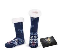 HERYEBING Calcetines Hombre Divertidos Navidad Termicos con Caja de regalo, Antideslizantes Gordos Calentitos Invierno Pantuflas Andar por Casa Animal Azul Lobo