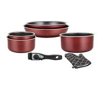 Herzberg - Batería de Cocina - Set de 3 Ollas Inducción y 2 Sartenes Antiadhesivas en Aluminio Forjado - Mangos Desmontables - Guante de Cocina Incluido - Compatible Todo Tipo de Fuegos - Burdeos