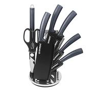 Herzberg Couteau Cuisine Professionnel Tranchant en Acier Inoxydable Acrylique-Poignée ergonomique-Set de couteaux Avec Support 8 pièces-Carbone HGMSN8-CAR, Iron