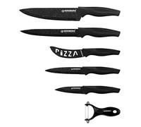 Herzberg Couteau Cuisine Professionnel Tranchant en Acier Inoxydable-Poignée ergonomique, Douce et Confortable-Set de 5 couteaux + econome-Noir HGKL6-BMR, Iron, Negro