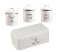 Herzberg,HG04418, Conjunto vintage de caja de pan y latas 4 piezas, diseño elegante, ideal para la cocina, Crema, dimensiones prácticas, perfecto para un almacenamiento con estilo