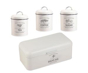 Herzberg,HG04418, Conjunto vintage de caja de pan y latas 4 piezas, diseño elegante, ideal para la cocina, Crema, dimensiones prácticas, perfecto para un almacenamiento con estilo