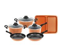 Herzberg, HG04838-COP, batería de cocina robusta con revestimiento antiadherente, compatible con todas las cocinas, diseño elegante en cobre, cocción sana sin aceite, 9 piezas, color cobre