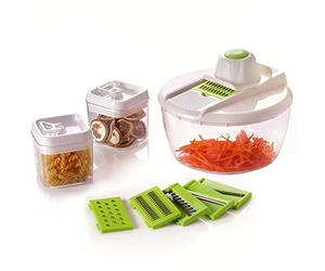Herzberg HG8032 - Cortador de verduras con recipientes HG8032-Multifuncional, base transparente, hojas altas de Gamme, 2 contenedores para alimentos secos, tapa hermética