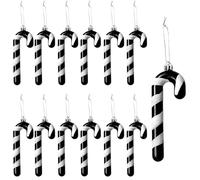 Herzwild 12 adornos para árbol de Navidad, bastones de caramelo para colgar, decoración navideña, adornos de bastón de caramelo, color blanco y negro