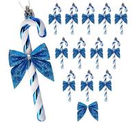 HERZWILD 24 bastones de caramelo para decoración de Navidad, bastón de caramelo de plástico con purpurina con adorno colgante de árbol de lazo (azul)