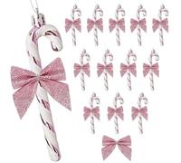HERZWILD 24 bastones de caramelo para decoración de Navidad, bastón de caramelo de plástico con purpurina con adorno colgante de árbol de lazo (rosa)