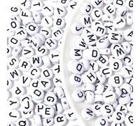 HERZWILD 500 cuentas de letras de 5 x 10 mm, redondas de acrílico, color blanco, letras negras para manualidades de joyería (negro-blanco)