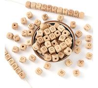 HERZWILD 72 cuentas de madera con letras, cuentas de madera, cubos, 12 mm, perlas de madera natural para manualidades (A)