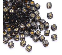 HERZWILD Cuentas acrílicas negras de 6 x 6 mm, letras del alfabeto, oro sobre cuentas negras cuadradas A-Z, cuentas sueltas de plástico mixto para hacer joyas, pulseras, collares, llaveros (oro sobre