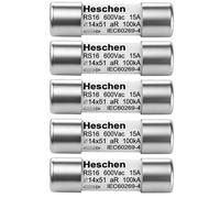 Heschen 5 fusibles cilíndricos de tubería de cerámica, RS16, tipo aR, 14 x 51 mm, 15 A, 600 V CA, 100 kA, 5 unidades