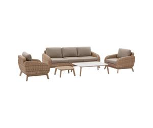 HESPERIDE - Conjunto de Muebles de jardín Manissa Honey - 5 plazas - Resistente a la corrosión - Resina Tejida - Fundas de Cojines extraíbles - Tejido hidrófugo - Patas Ajustables