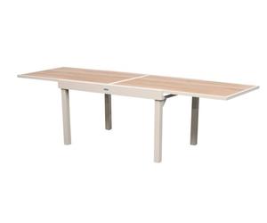 Hespéride - Mesa de jardín extensible Piazza Clay - 10 plazas - Aluminio con revestimiento epoxi inoxidable - Tablero de vidrio templado con efecto madera - Muebles de exterior extensibles deslizantes
