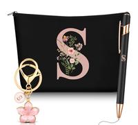 Hestya 3 Piezas Regalos para Mujer con Inicial Floral Bolsa de Maquillaje Llavero Bolígrafo Regalos para Mamá Amiga Novia Dama de Honor Cumpleaños(Letra S,Negro,Metal)