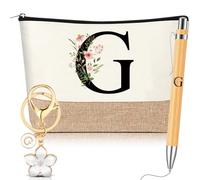 Hestya 3 Piezas Regalos para Mujer con Inicial Floral Bolsa de Maquillaje Llavero Bolígrafo Regalos para Mamá Amiga Novia Dama de Honor Cumpleaños(Letra G,Blanco,Madera)
