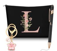 Hestya 3 Piezas Regalos para Mujer con Inicial Floral Bolsa de Maquillaje Llavero Bolígrafo Regalos para Mamá Amiga Novia Dama de Honor Cumpleaños(Letra L,Negro,Metal)