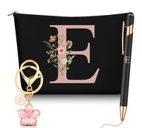 Hestya 3 Piezas Regalos para Mujer con Inicial Floral Bolsa de Maquillaje Llavero Bolígrafo Regalos para Mamá Amiga Novia Dama de Honor Cumpleaños(Letra E,Negro,Metal)