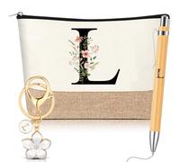 Hestya 3 Piezas Regalos para Mujer con Inicial Floral Bolsa de Maquillaje Llavero Bolígrafo Regalos para Mamá Amiga Novia Dama de Honor Cumpleaños(Letra L,Blanco,Madera)