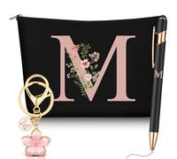 Hestya 3 Piezas Regalos para Mujer con Inicial Floral Bolsa de Maquillaje Llavero Bolígrafo Regalos para Mamá Amiga Novia Dama de Honor Cumpleaños(Letra M,Negro,Metal)