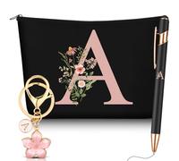 Hestya 3 Piezas Regalos para Mujer con Inicial Floral Bolsa de Maquillaje Llavero Bolígrafo Regalos para Mamá Amiga Novia Dama de Honor Cumpleaños(Letra A,Negro,Metal)