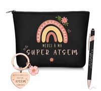 Hestya 3 Regalos para Profesores de Escuela ATSEM Bolsa de Maquillaje Aseo Llavero con Grabado Bolígrafo Regalo de Agradecimiento para AESH Fin de Año Maestro Guarderías(Arcoíris y Negro)