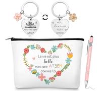 Hestya 3 Regalos para Profesores de Escuela ATSEM Bolsa de Maquillaje Aseo Llavero con Grabado Bolígrafo Regalo de Agradecimiento para AESH Fin de Año Maestro Guarderías(Corazón y Flor)