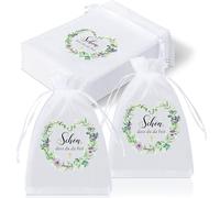 Hestya 30 Piezas Bolsas de Organza con la Frase Schön Dass du da Bist Recuerdos de Comunión Recuerdos Bautizos de Boda Bolsas de Organza para Hojas Eucalipto para Chocolate, Galletas Confirmaciones